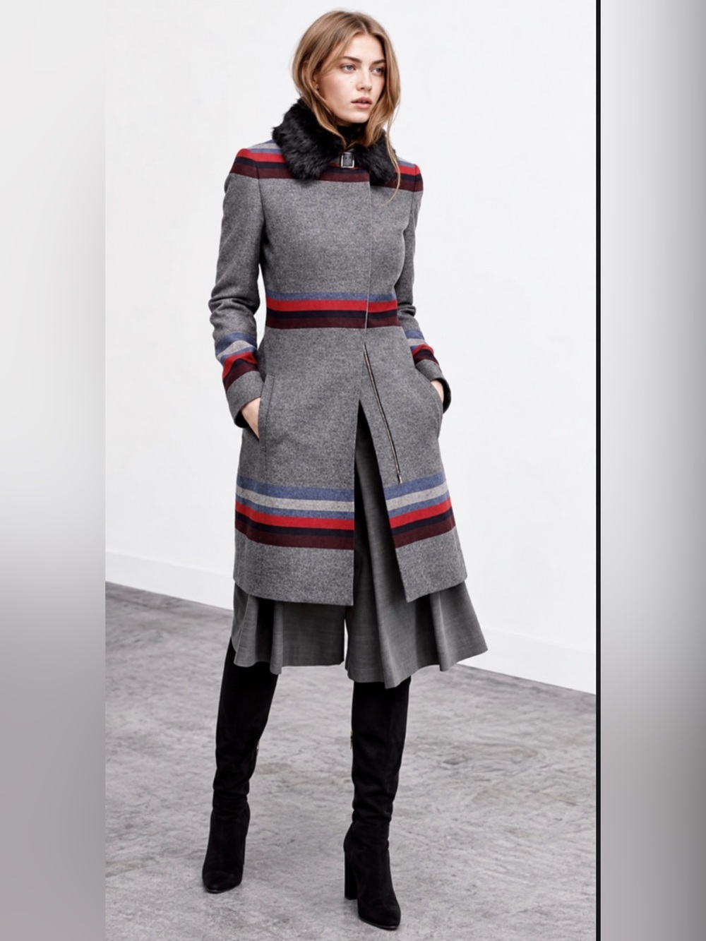 Karen Millen Wool Striped Coat Faux Fur Collar NWOT Size 6